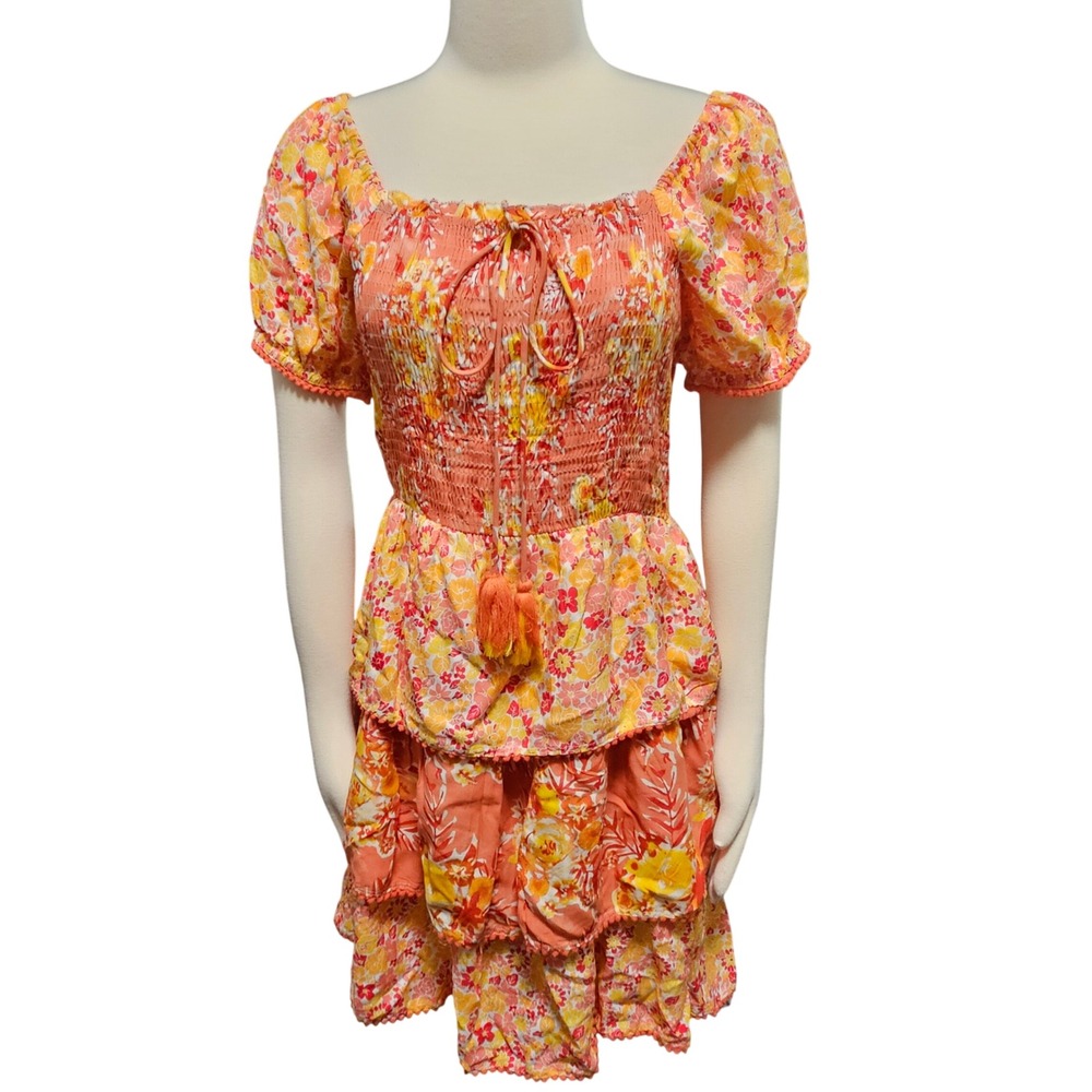 Margaux Riviera Smocked Boho Tiered Ruffle Floral Mini Dress Coral Yellow Med P‎